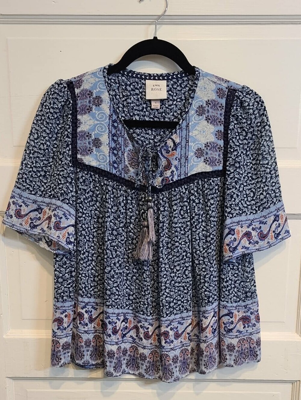 Knox Rose Floral And Paisly Patterned Blue Peasant Blouse with Tassel Tie Size S